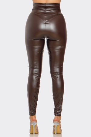 101325 Chocolate Faux leather legging high waist stretch solid pant