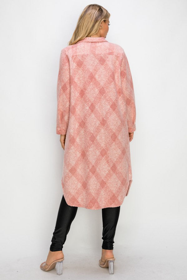 121224 Pink Knitted Plaid Rayon Long Sleeve Button