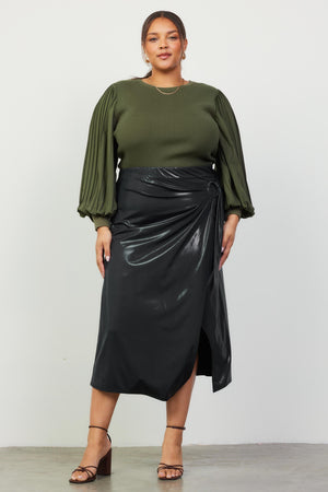 121224 Black Side Ring Details Midi Wrap Skirt