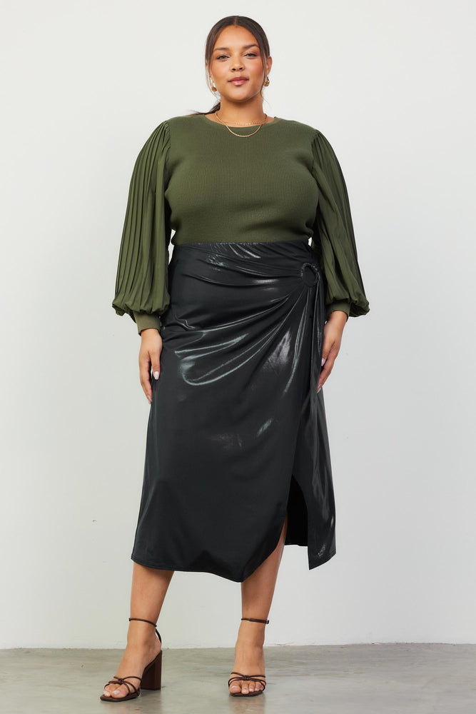 121224 Black Side Ring Details Midi Wrap Skirt