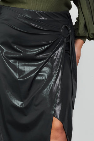 121224 Black Side Ring Details Midi Wrap Skirt