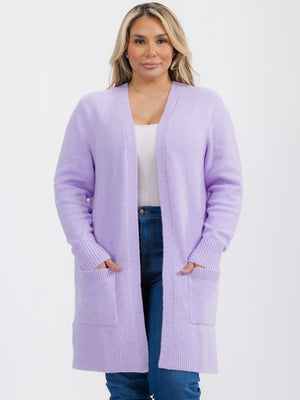 121524 Open Front Long Sleeve Lavender Cardigan with Pocket