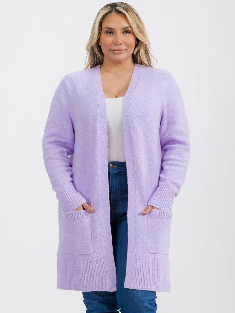 121524 Open Front Long Sleeve Lavender Cardigan with Pocket