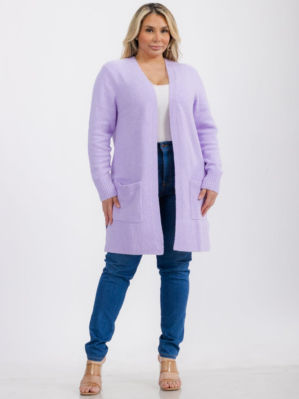 121524 Open Front Long Sleeve Lavender Cardigan with Pocket