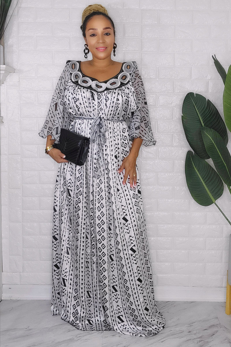 082323 The white/Black Handmade Embroidered African Print Maxi Dress