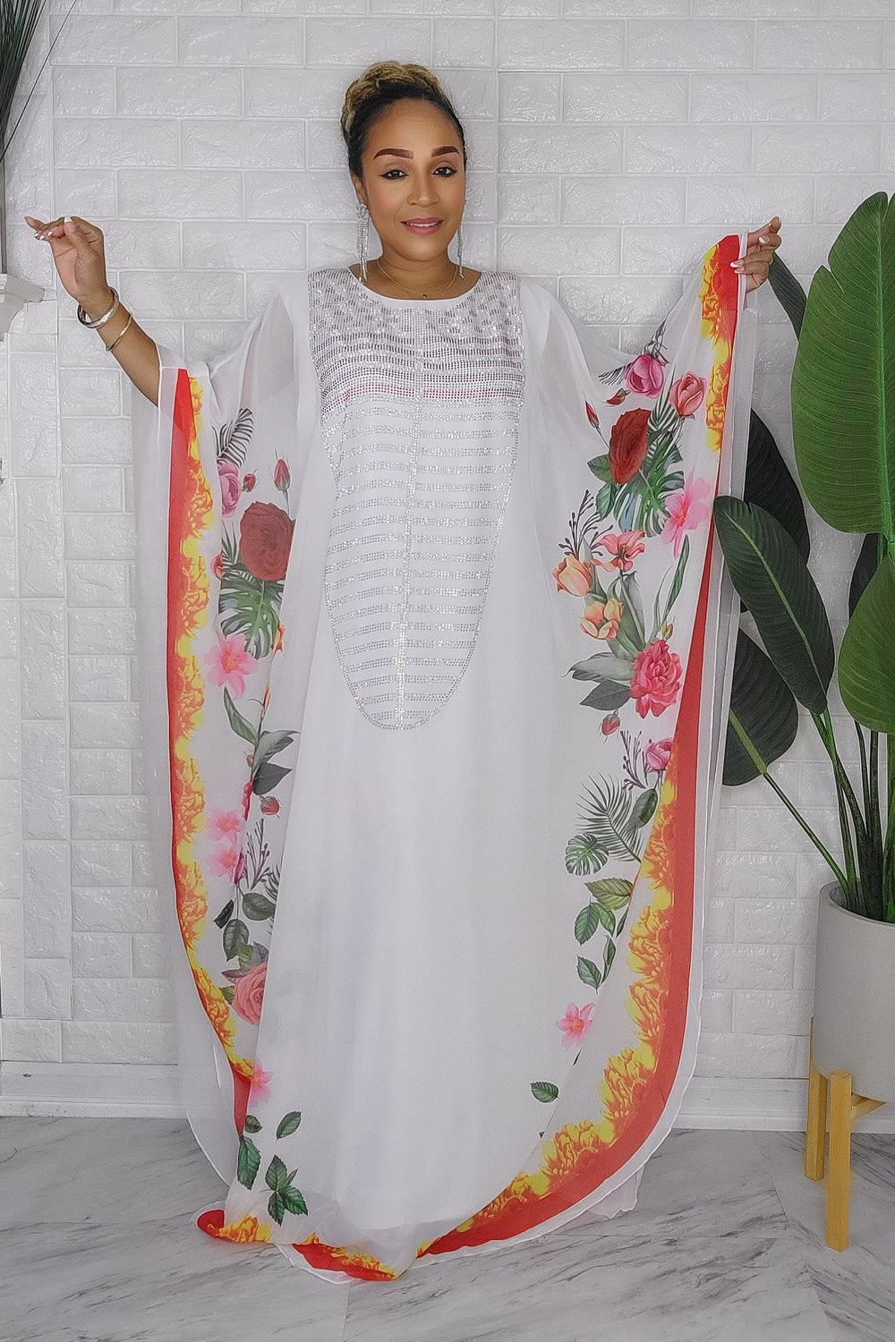 082623  The White Florals Rhinstone One Size Fit All Caftan