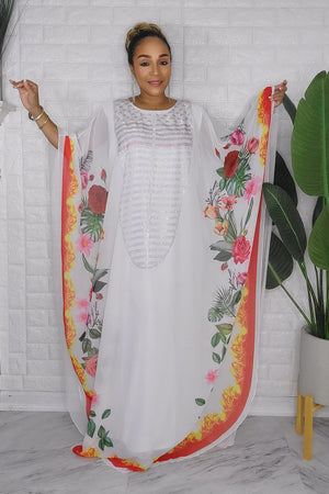 082623  The White Florals Rhinstone One Size Fit All Caftan