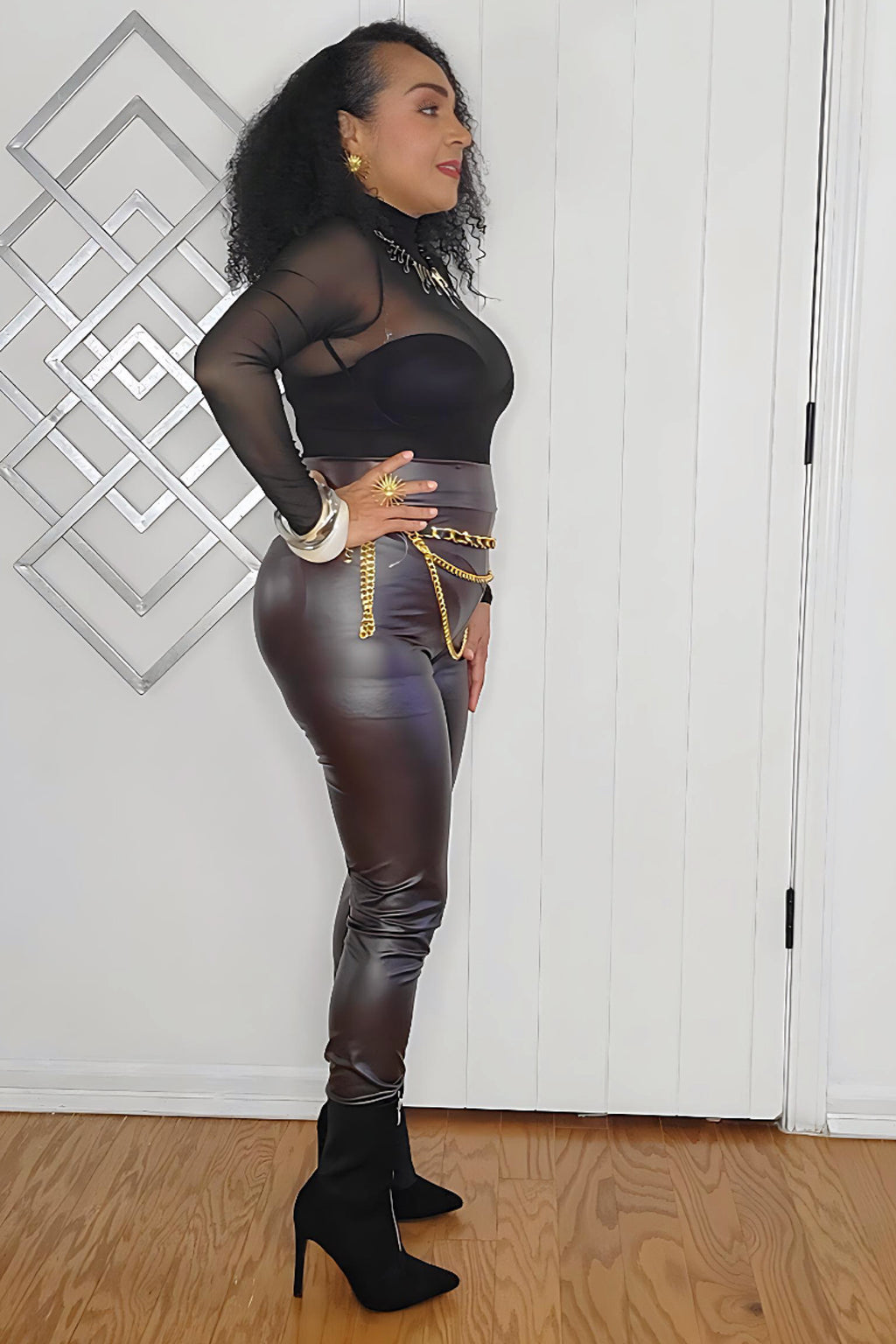 101325 Chocolate Faux leather legging high waist stretch solid pant