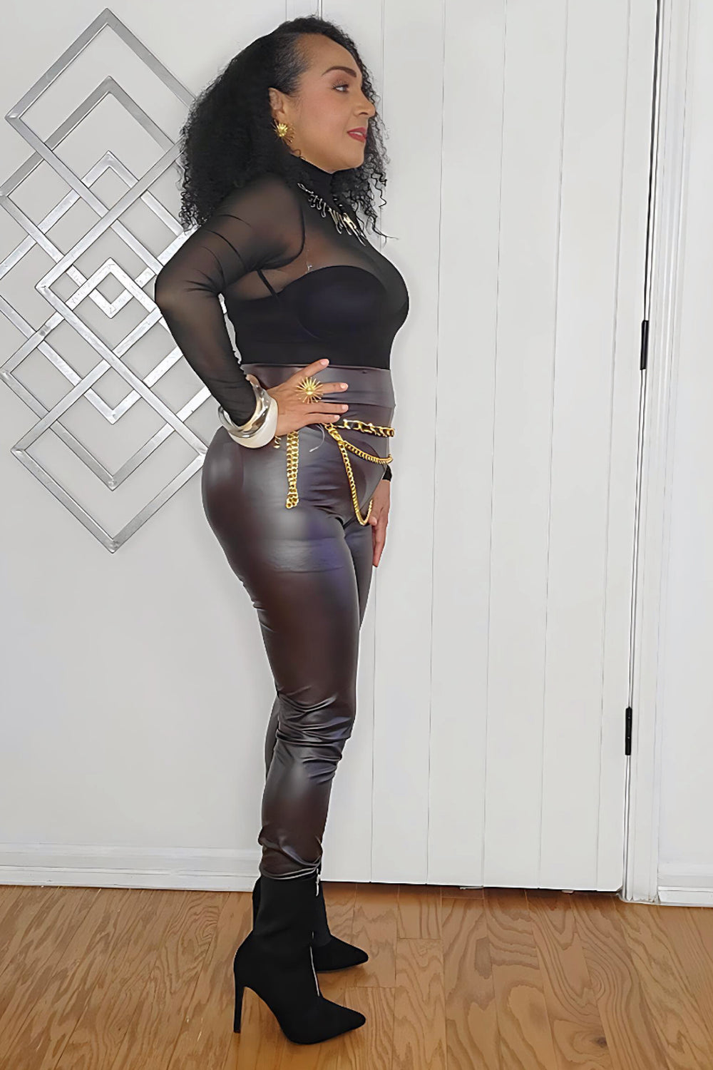 101325 Chocolate Faux leather legging high waist stretch solid pant