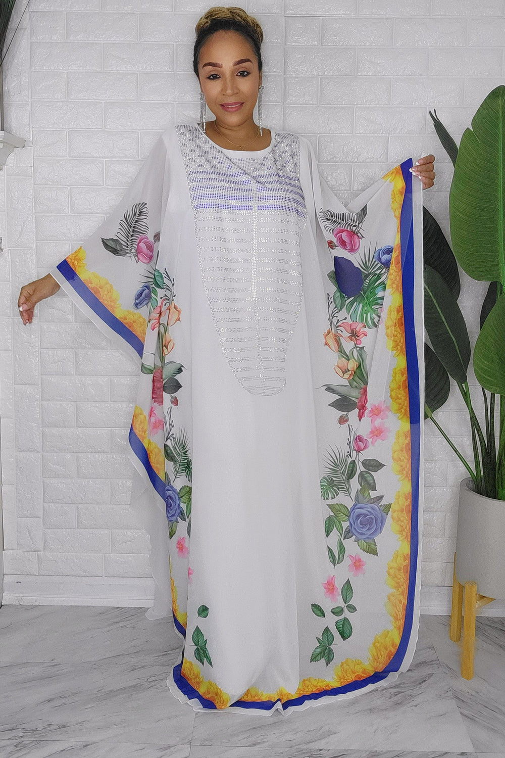 082623  The White Florals Rhinstone One Size Fit All Caftan