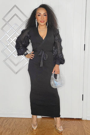 121224 Black knit Sweater Midi Dress with Lace Long Sleeve