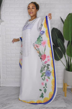082623  The White Florals Rhinstone One Size Fit All Caftan