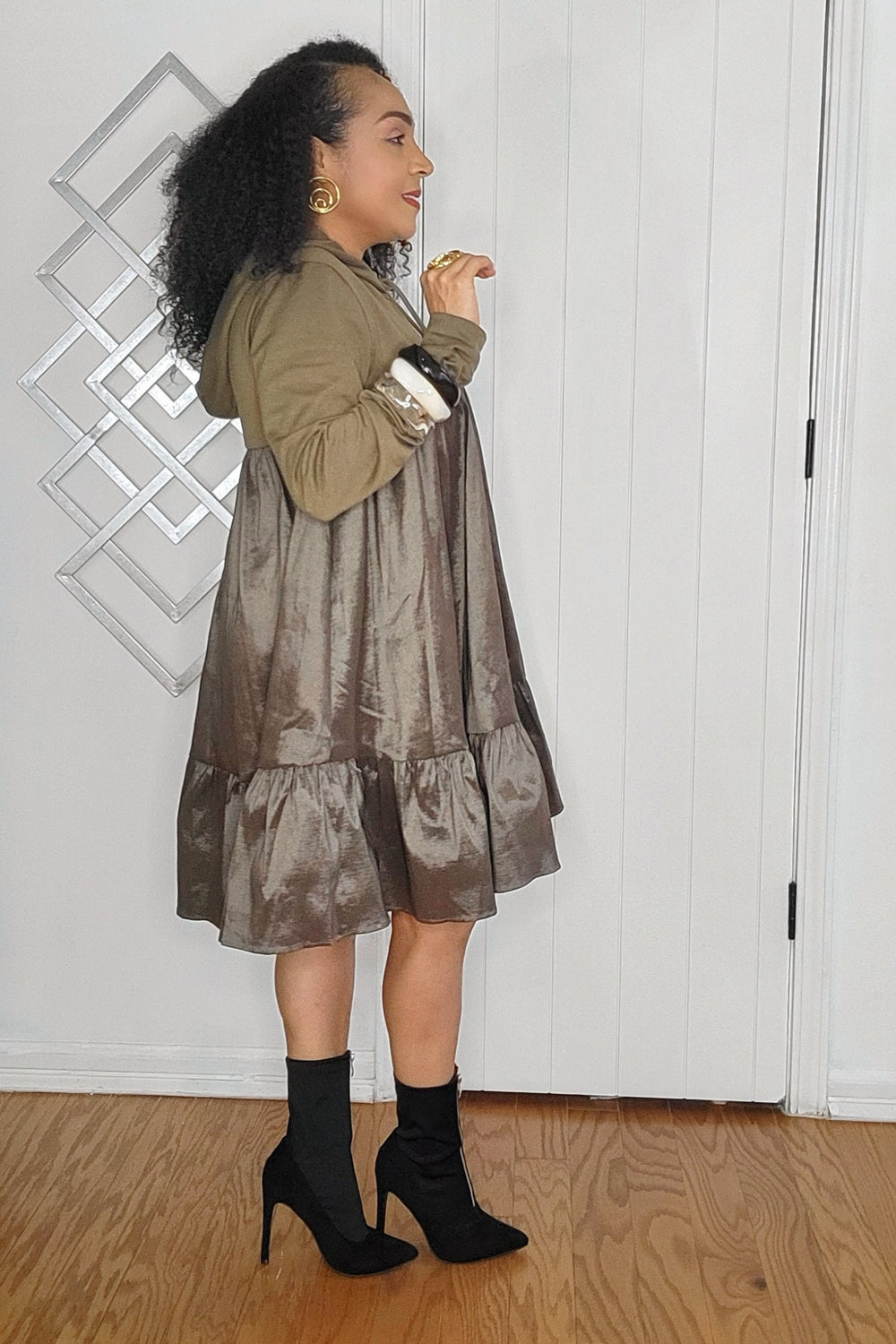 102424 Olive Long Sleeve Oversize Hooded Sweater Top/Dress