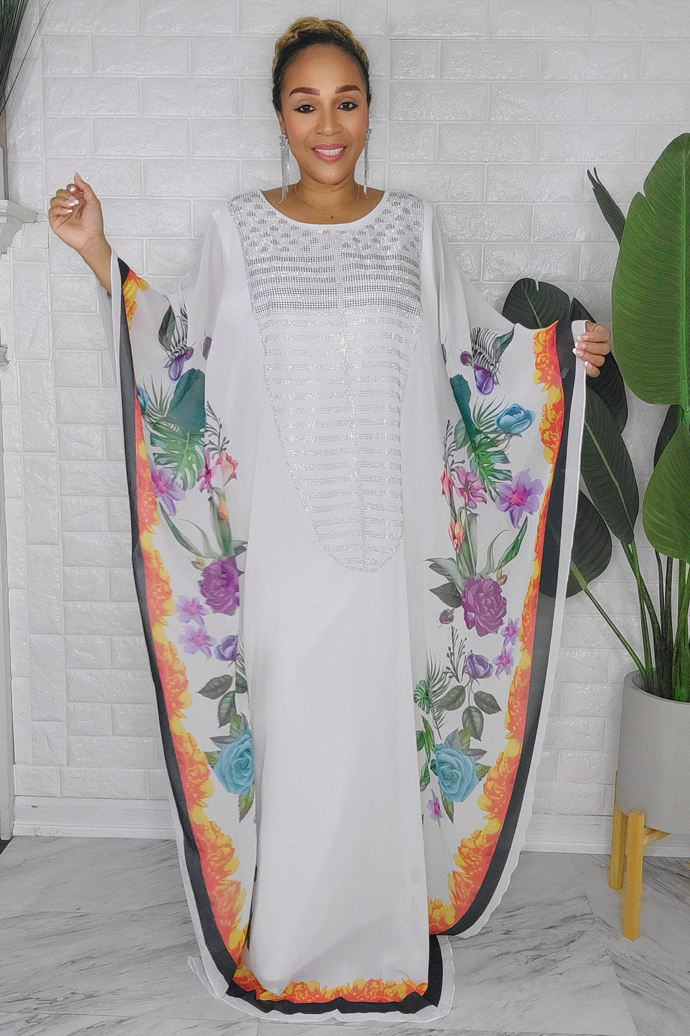 082623  The White Florals Rhinstone One Size Fit All Caftan