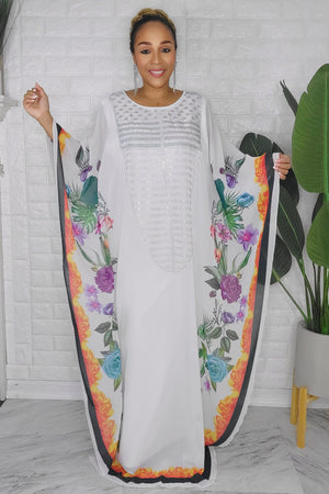 082623  The White Florals Rhinstone One Size Fit All Caftan