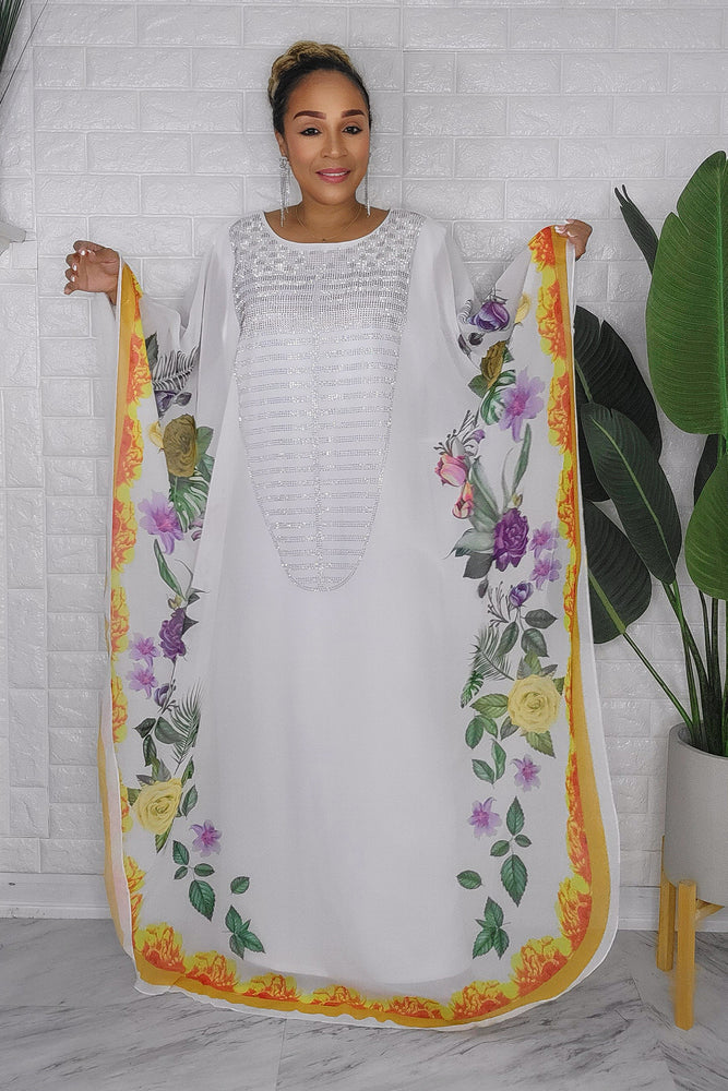 082623  The White Florals Rhinstone One Size Fit All Caftan