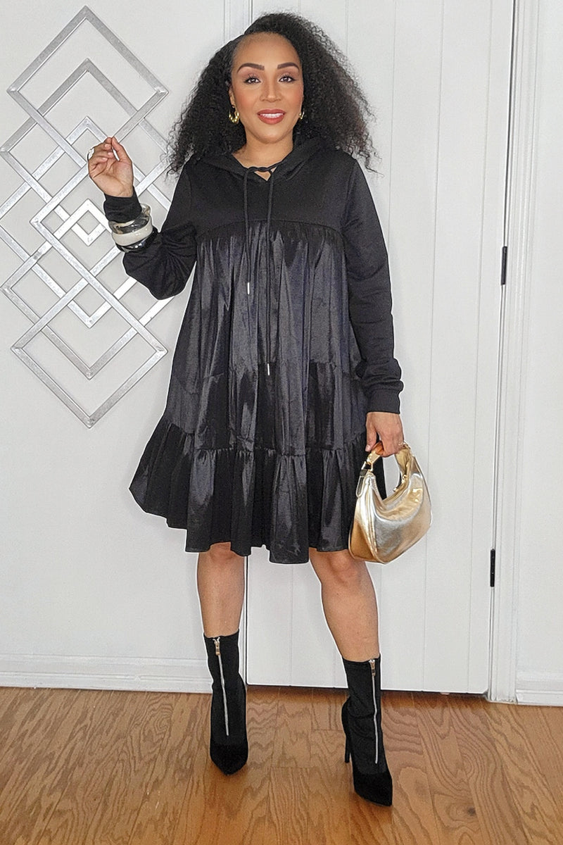 102424 Black Long Sleeve Oversize Hooded Sweater Top/Dress