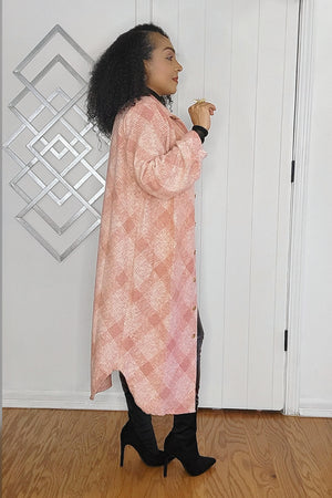 121224 Pink Knitted Plaid Rayon Long Sleeve Button