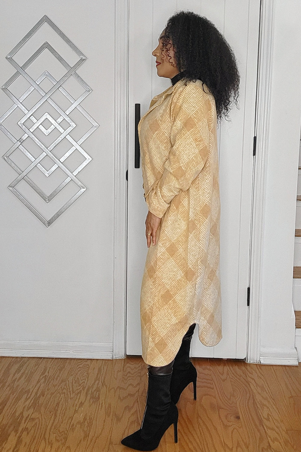 121224 Mustard Knitted Plaid Rayon Long Sleeve Button