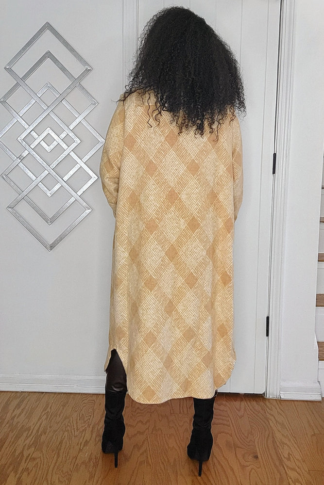 121224 Mustard Knitted Plaid Rayon Long Sleeve Button