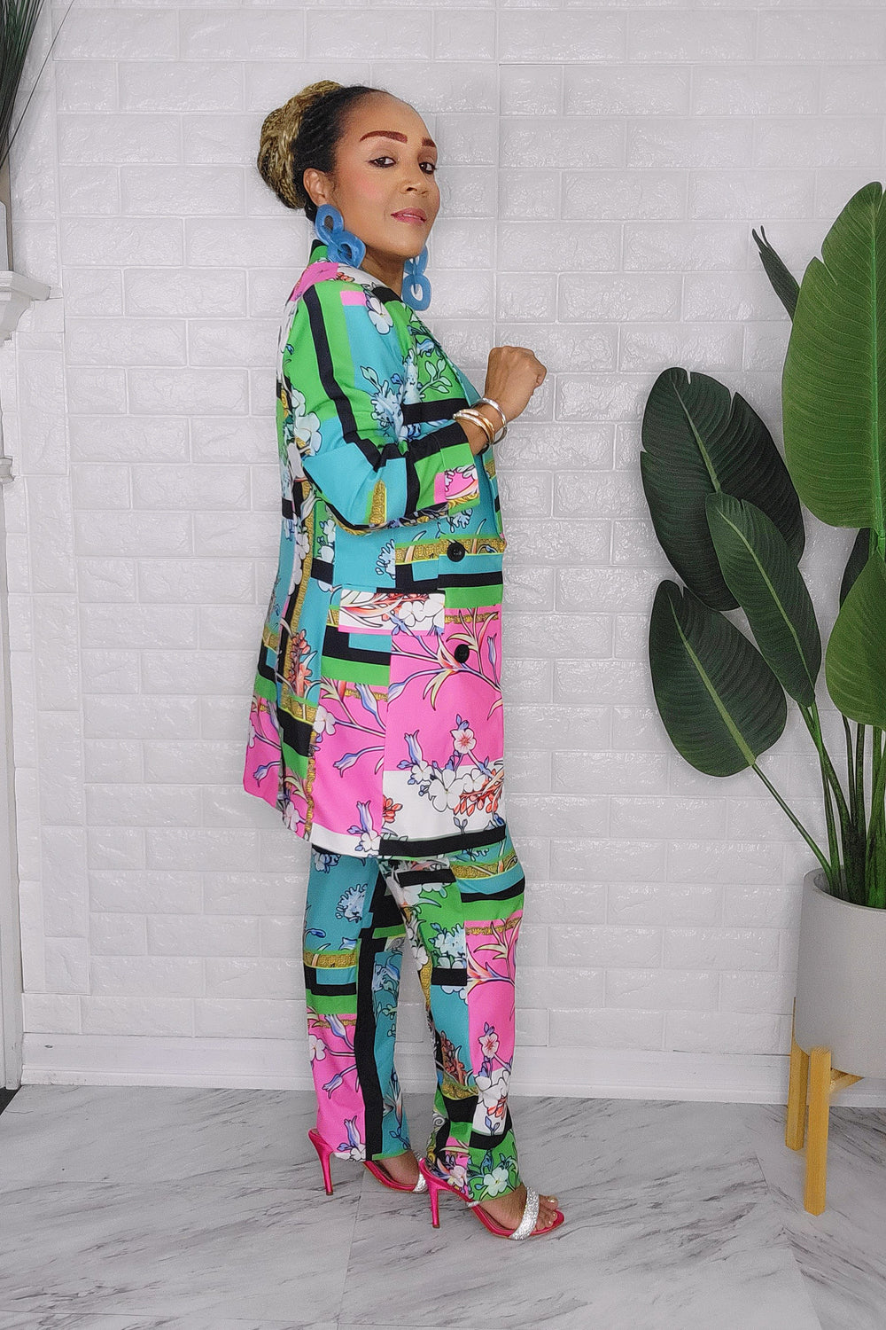 091223 The Blue/Green Florals European Angles Length Pant & Blazer set