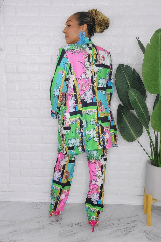 091223 The Blue/Green Florals European Angles Length Pant & Blazer set