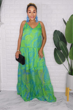 083123 My Green Flowers Garden Spaghetti Stripes Maxi Dress