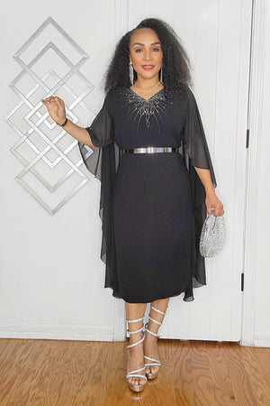 010825 Black Dress Sheer Cape Sleeves with Rhinestones