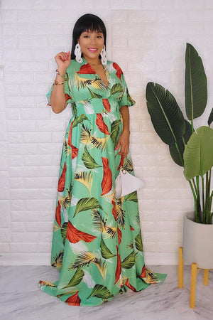 090223 Green Multi Short sleeve floral maxi dress