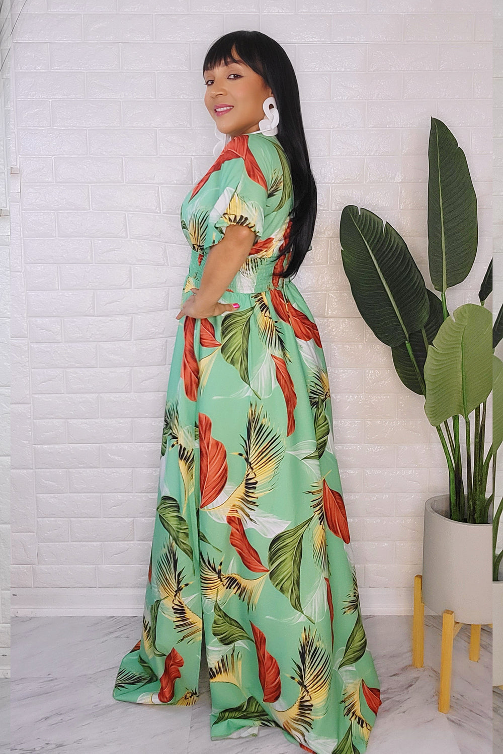 090223 Green Multi Short sleeve floral maxi dress