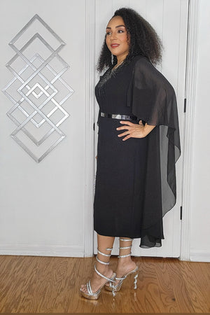 010825 Black Dress Sheer Cape Sleeves with Rhinestones