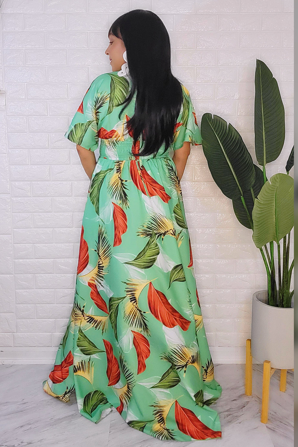 090223 Green Multi Short sleeve floral maxi dress