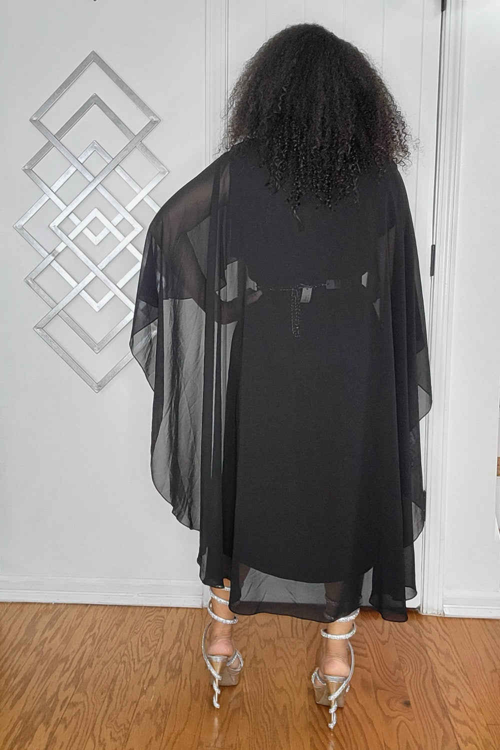 010825 Black Dress Sheer Cape Sleeves with Rhinestones