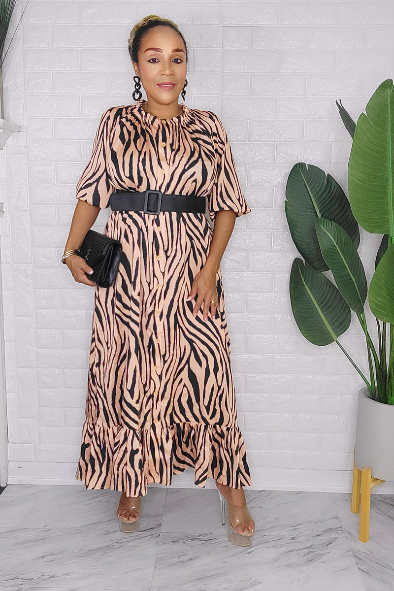 090323 Brown Zebra Print Midi Dress with Belt S/M 090323 Brown Zebra Print Midi Dress with Belt S/M