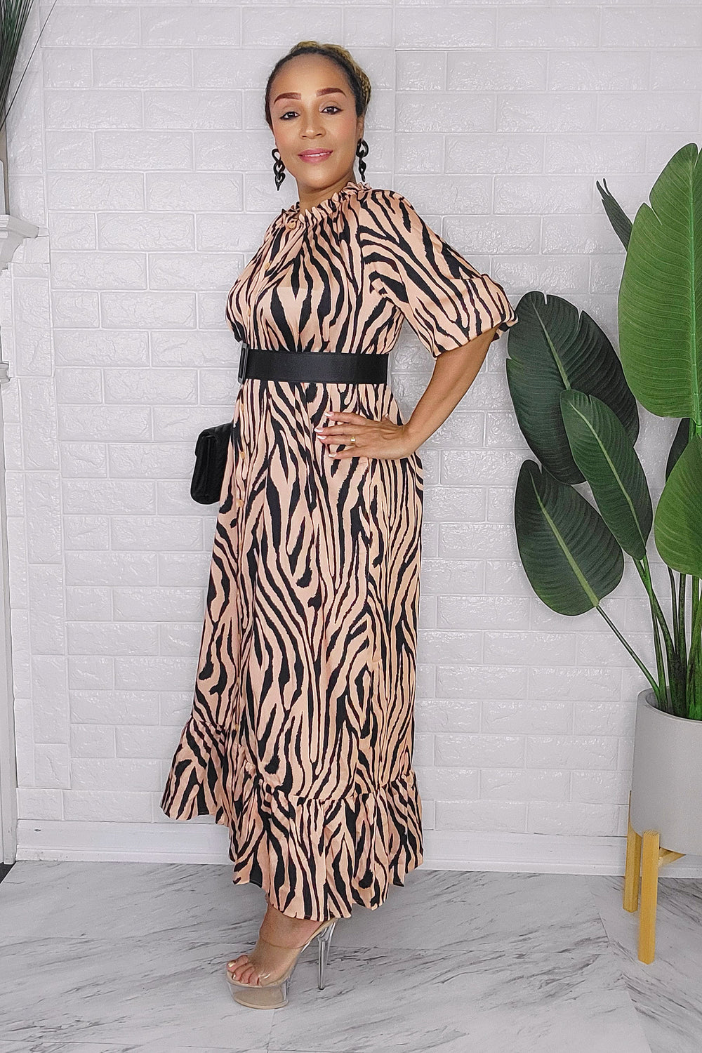 090323 Brown Zebra Print Midi Dress with Belt