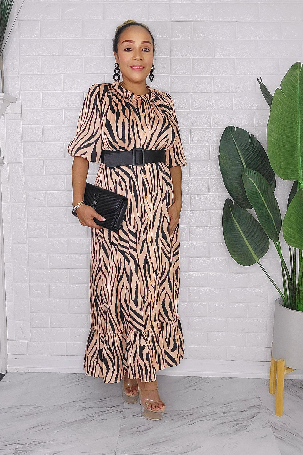 brown zebra print midi dress Limited Collection Women's Plus Size Brown Zebra Print Puff Sleeve Midi Dress Size 18-20