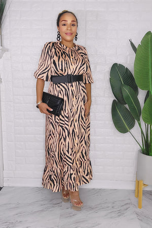 090323 Brown Zebra Print Midi Dress with Belt
