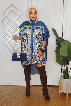 010925 Blue Denim Printed Long Sleeve High & Low Tunic Blouse