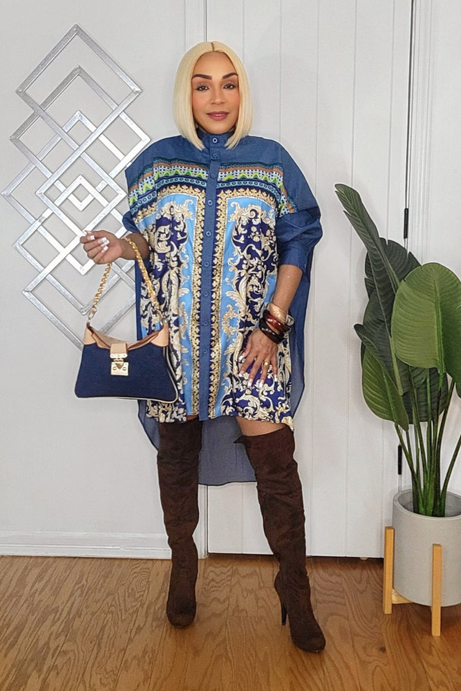 010925 Blue Denim Printed Long Sleeve High & Low Tunic Blouse