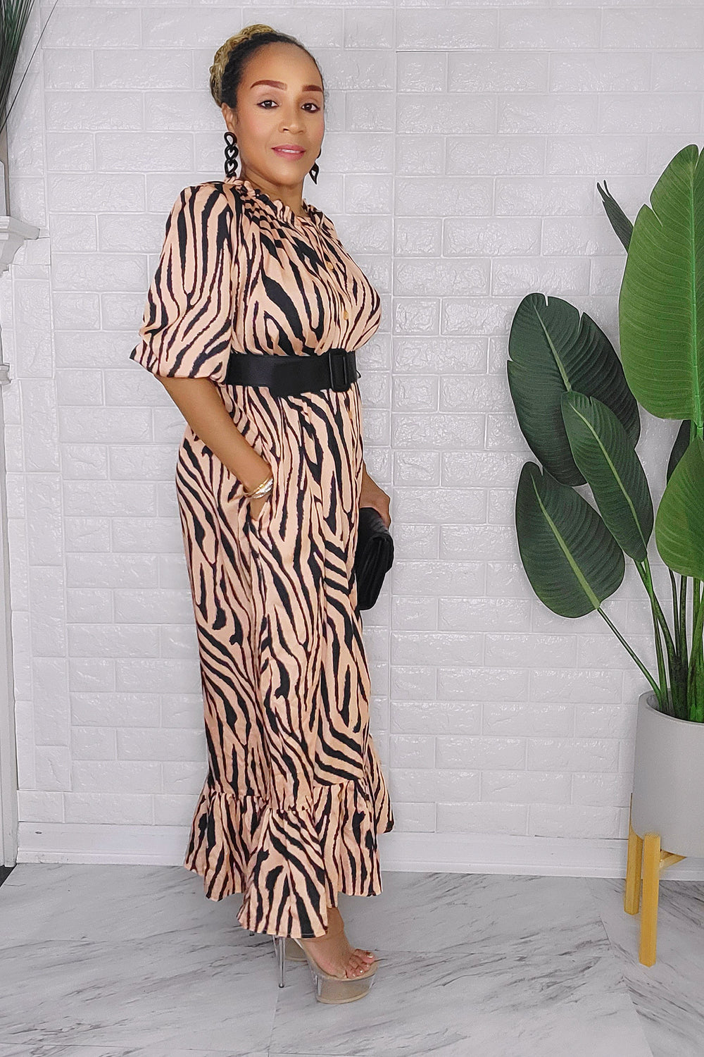 090323 Brown Zebra Print Midi Dress with Belt