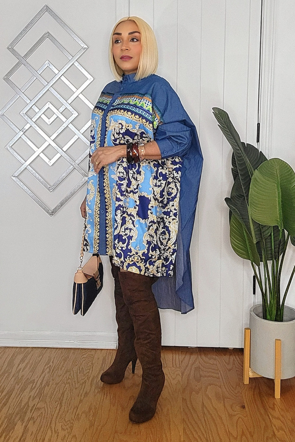 010925 Blue Denim Printed Long Sleeve High & Low Tunic Blouse