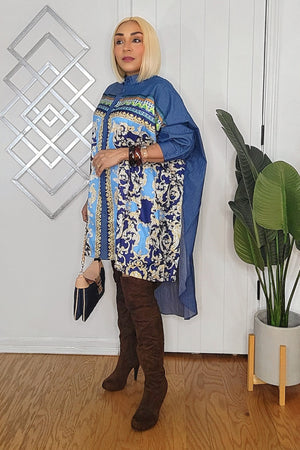 010925 Blue Denim Printed Long Sleeve High & Low Tunic Blouse