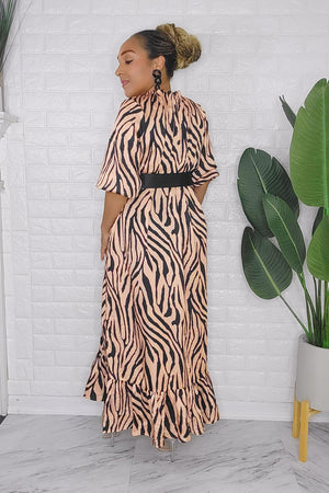 090323 Brown Zebra Print Midi Dress with Belt