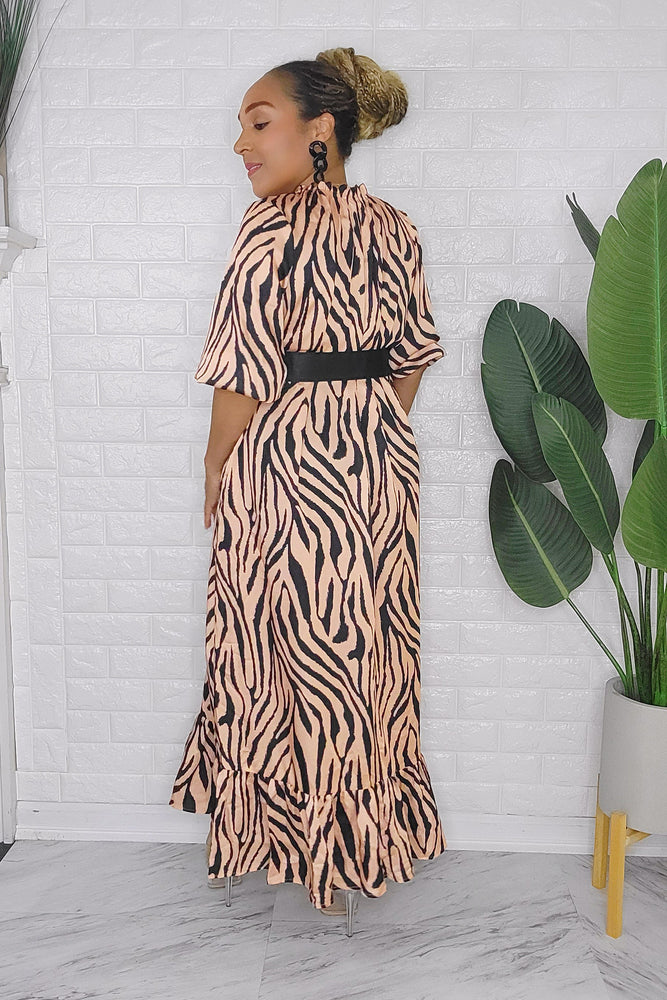 090323 Brown Zebra Print Midi Dress with Belt
