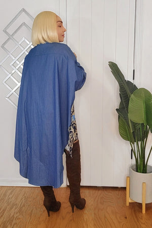010925 Blue Denim Printed Long Sleeve High & Low Tunic Blouse
