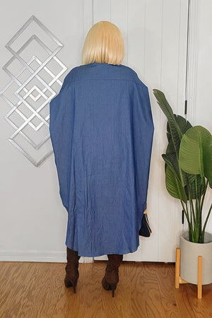 010925 Blue Denim Printed Long Sleeve High & Low Tunic Blouse