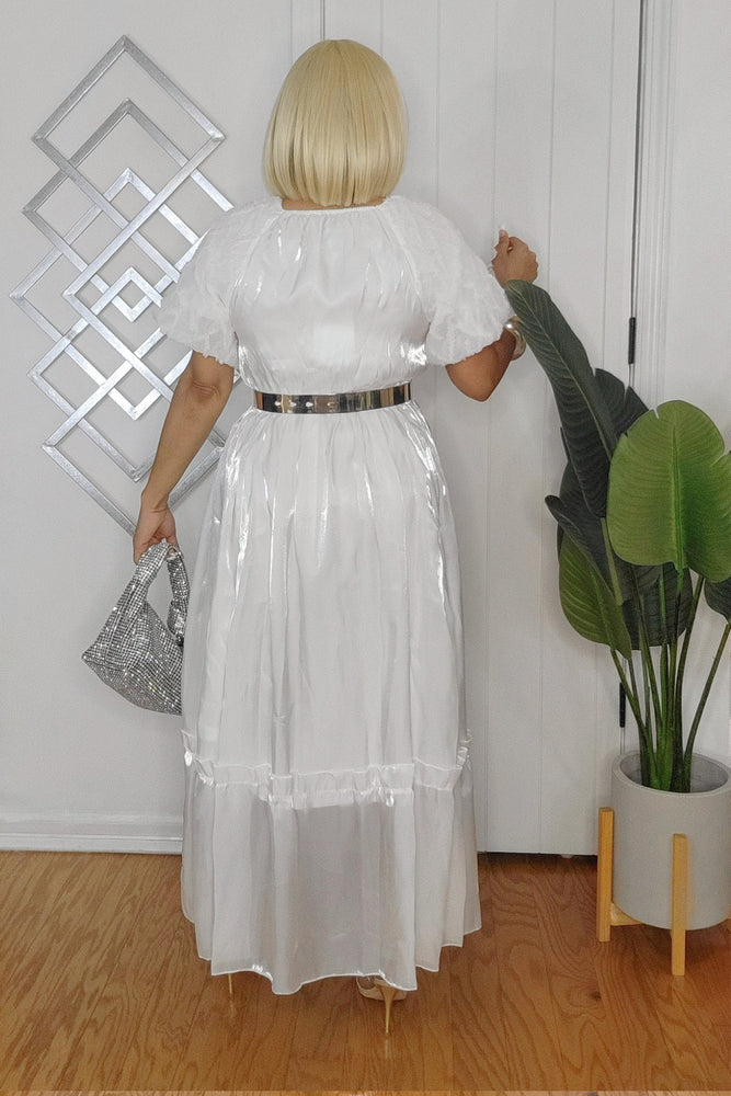 010925 White Short Puffy Sleeve Satin Dress