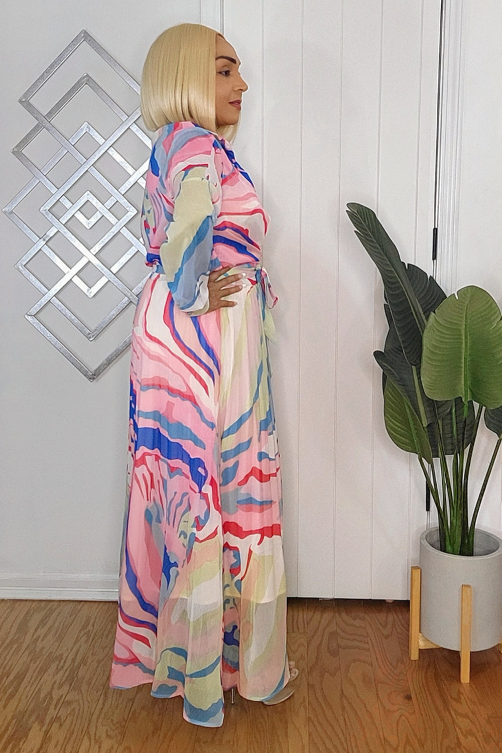 121524 Multi Print Pleated Long Sleeve Blouse & Zip Up Skirt Set