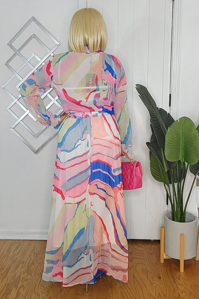 121524 Multi Print Pleated Long Sleeve Blouse & Zip Up Skirt Set