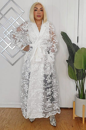 010925 White Long Sleeve Self Tie Up Maxi Dress